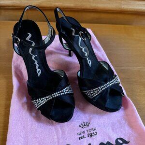 NINA Satin Black Rhinestone Open Pumps Heels Dress Shoes